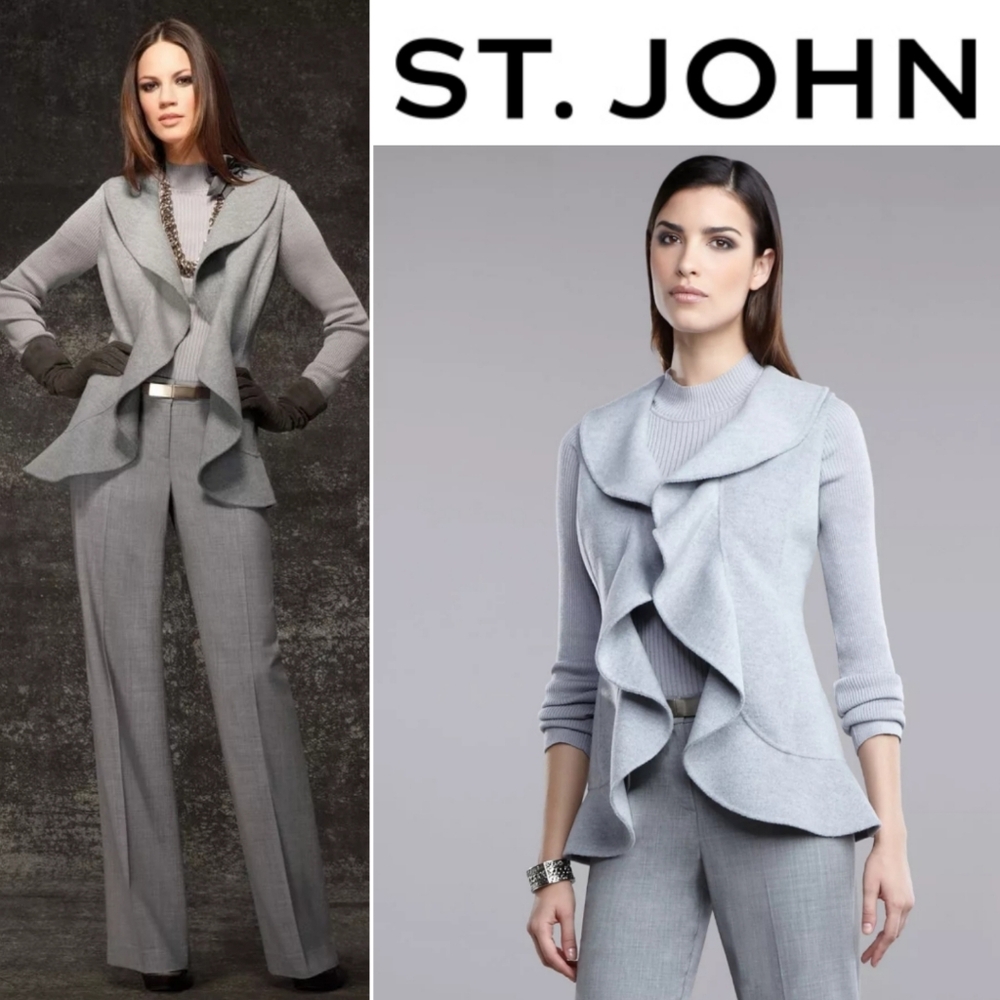 St. John Angora Wool Cashmere Blend Open Front Ruffle Vest